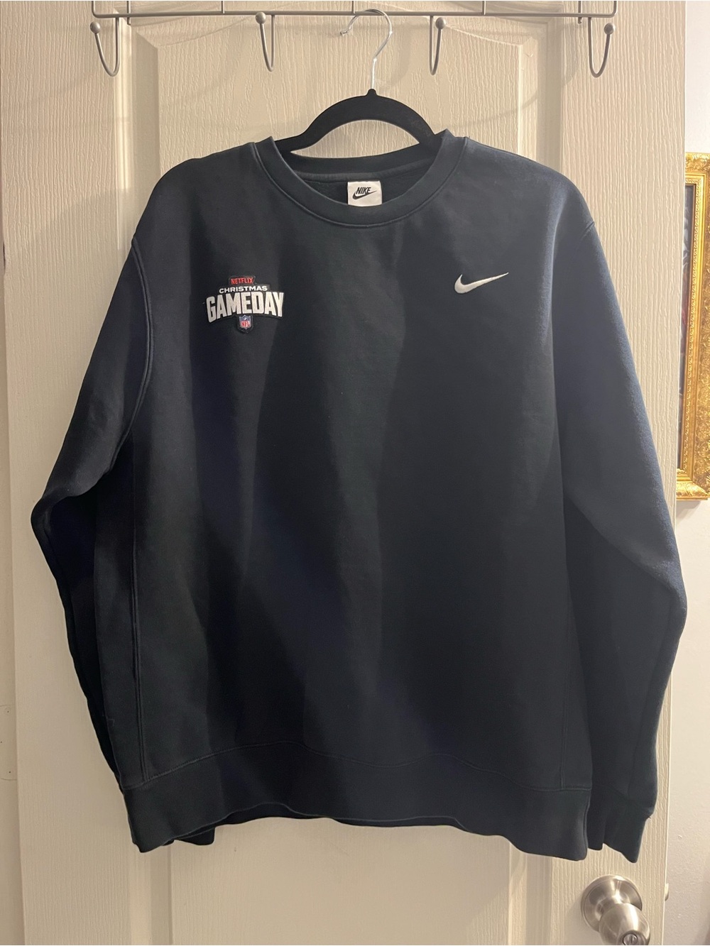 Netflix Black Crewneck Sweater with White Nike Swoosh and 'Gameday' Patch